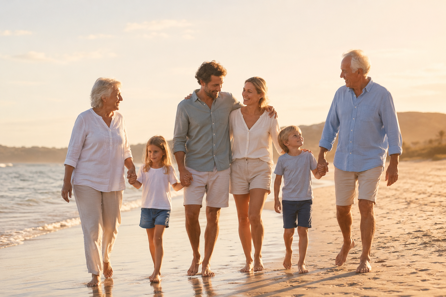 Famille de trois générations marchant main dans la main sur une plage au coucher du soleil