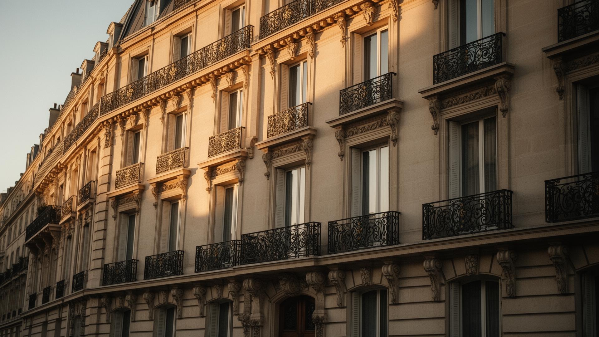 Hôtel particulier, façade en pierre baignée d'une lumière rasante