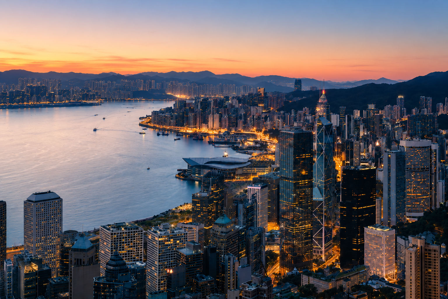 Skyline d'une métropole internationale au crépuscule, vue panoramique sur la baie