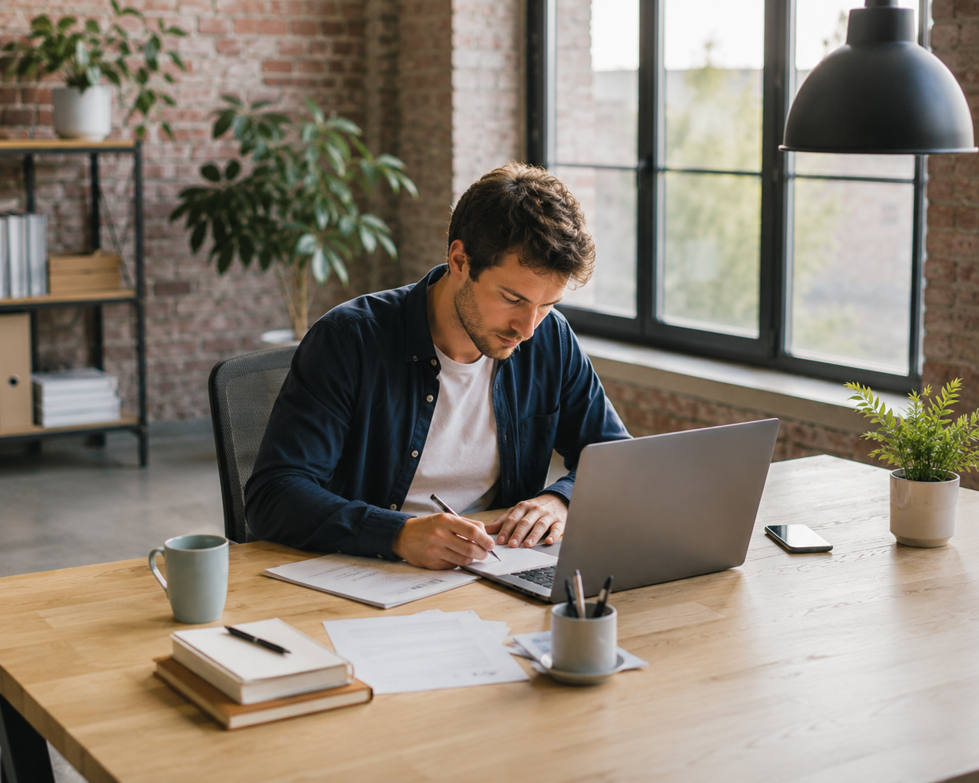 Dirigeant travaillant à son bureau dans un espace lumineux et contemporain